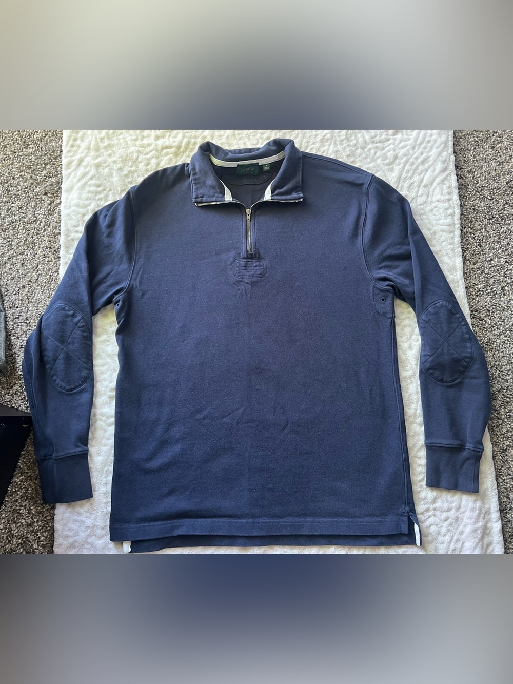 J Crew Men’s Navy Quarter Zip Pullover Elbow Patch Sweatshirt | Size S - Picture 2 of 9